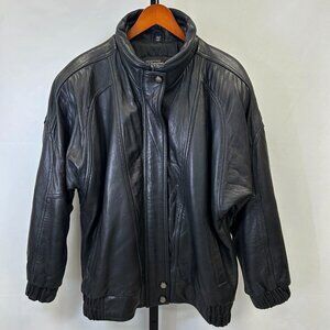 Express Mens Black Genuine Leather Bomber Jacket Size M Full Zip Stand Up Collar